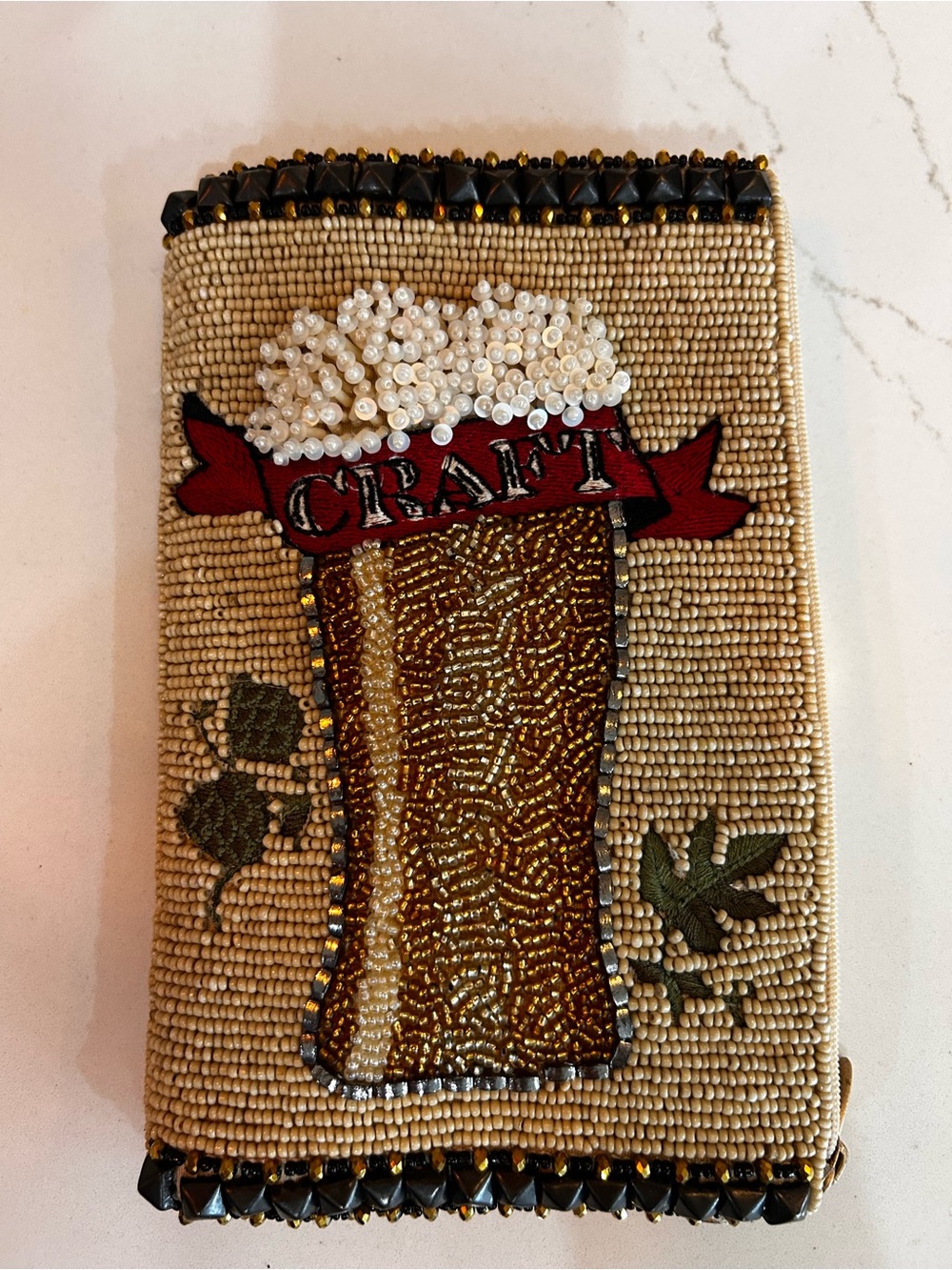 Beaded Craft Beer Glass Wristlet Clutch - Beige & Brown